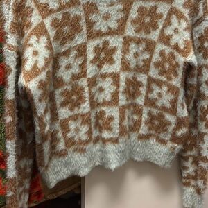 Floral Patterned Brown and White Sweater